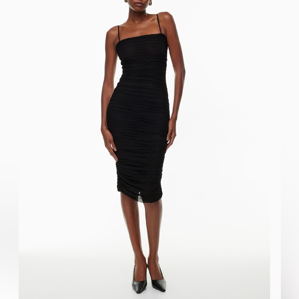 Babaton Tight Mesh Ruched Black Midi Dress